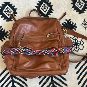 Brown Leather Backpack with Colorful Strap